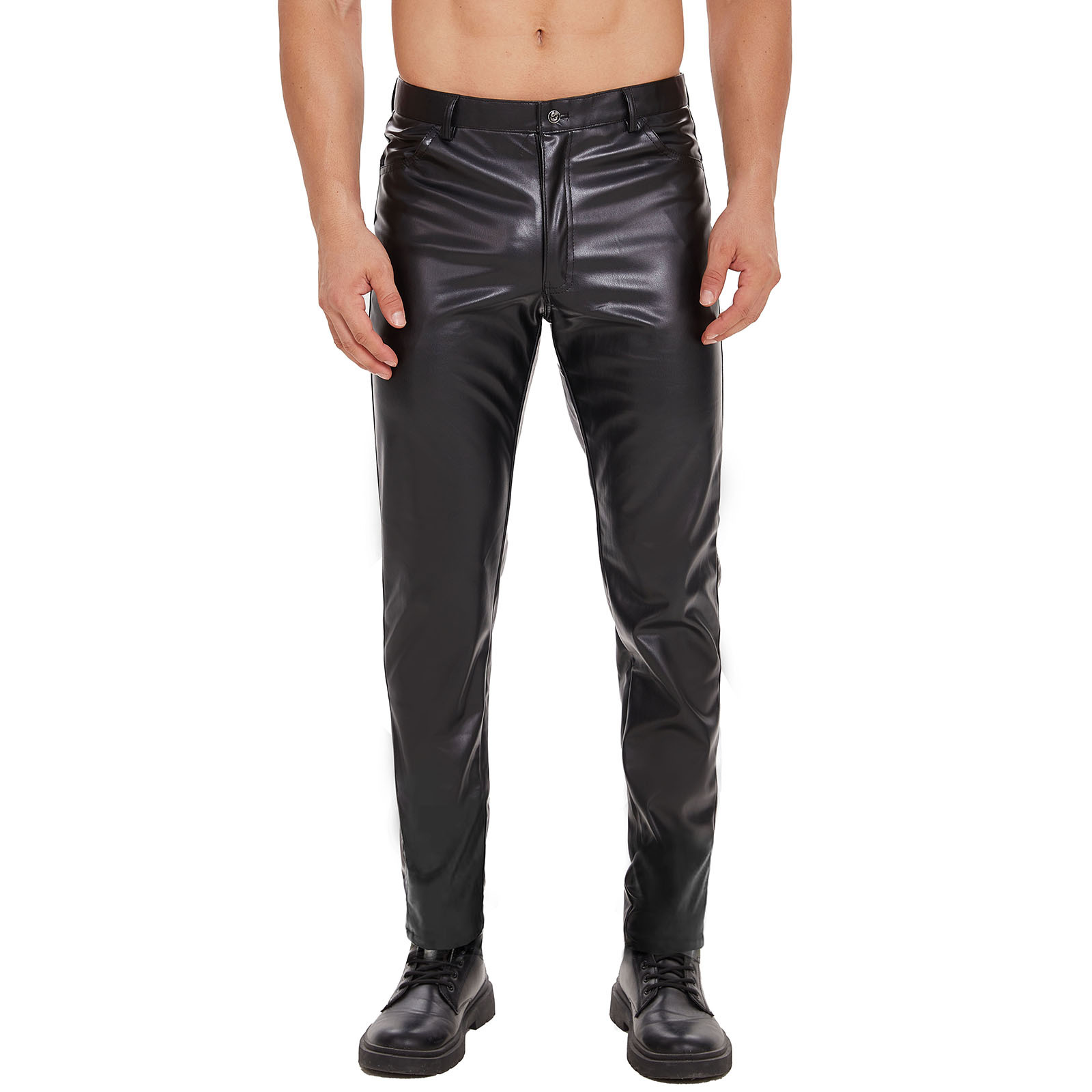 Men Matte PU Long Pants with Zip Open Crotch