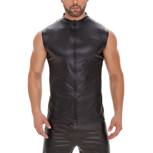 Men Matte PU Sleeveless Zip Front Vest