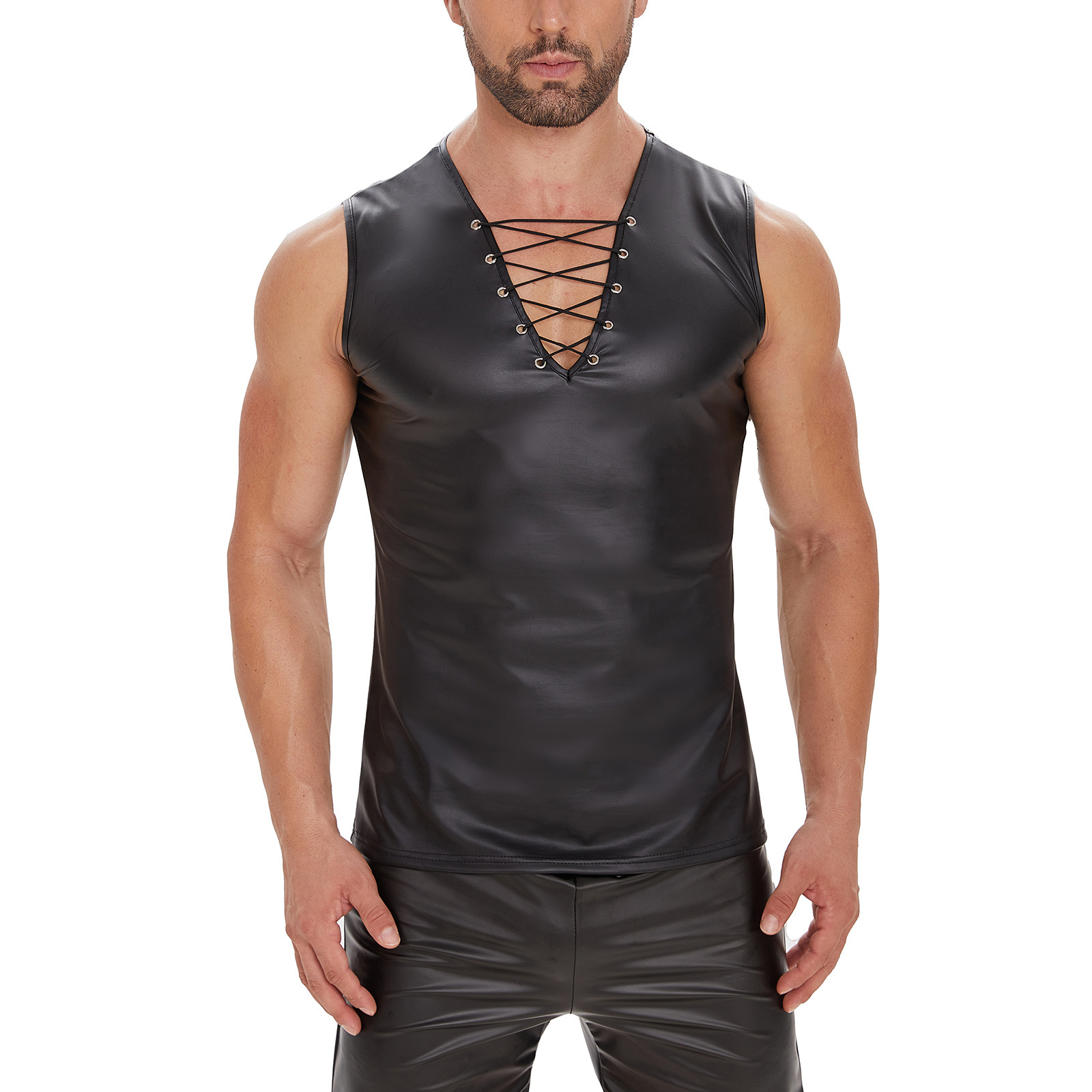 Men's Faux Leather Sleeveless Vest, Lace Up V-Neck Tank Top