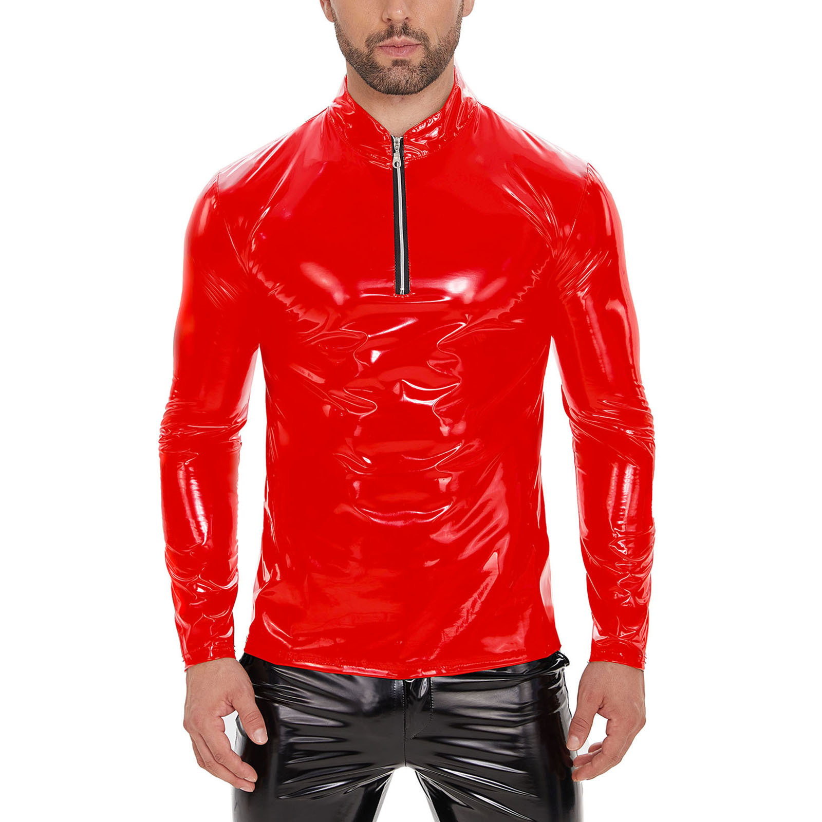 Men's Mirror Shiny PU Long Sleeve Top, Half Zip Stand Collar Shirt - Image 2