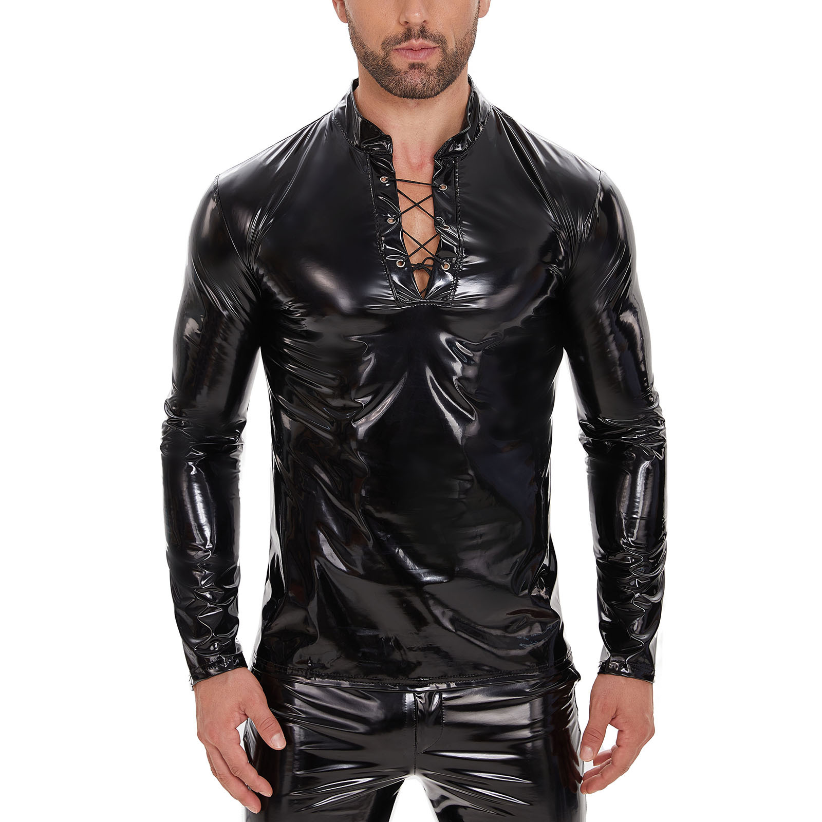 Men's Mirror Shiny PU Long Sleeve Top, Lace-Up Stand Collar Shirt - Image 4