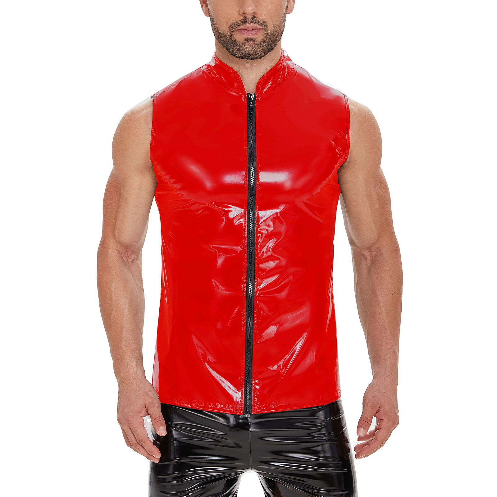 Men's Mirror Shiny PU Sleeveless Vest, Full Zip Stand Collar Waistcoat