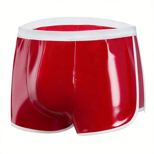 Men's Shiny PVC Boxer Shorts, Red With White Trim Wet Look Shorts