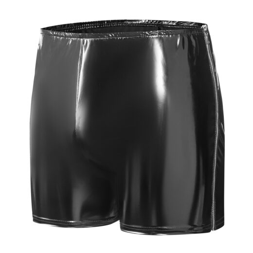 Men's Mirror Shiny PVC Shorts, Zipper Open Crotch Wet Look Shorts