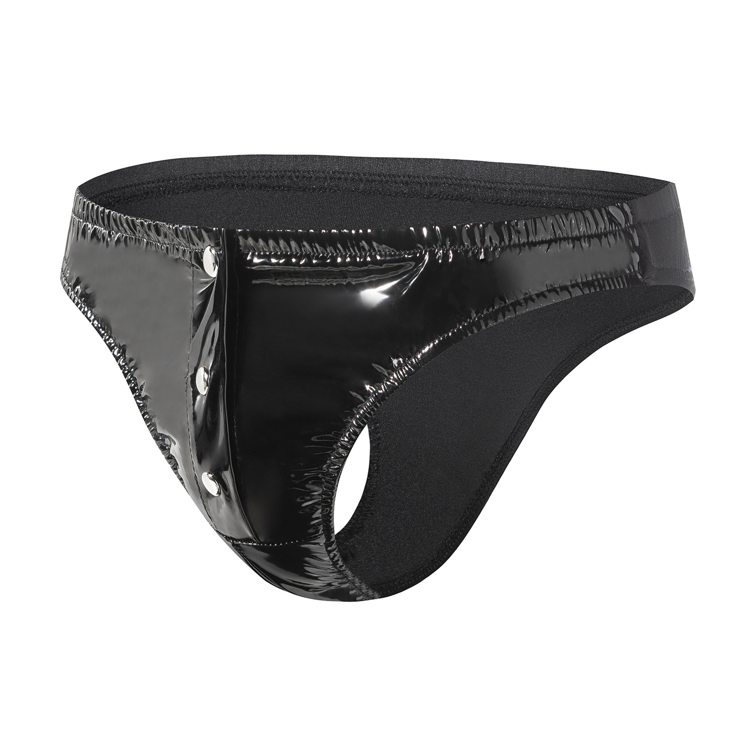Men's Glossy Patent Leather Briefs, Snap Button Open Crotch Sexy Leather Underwear - Image 4