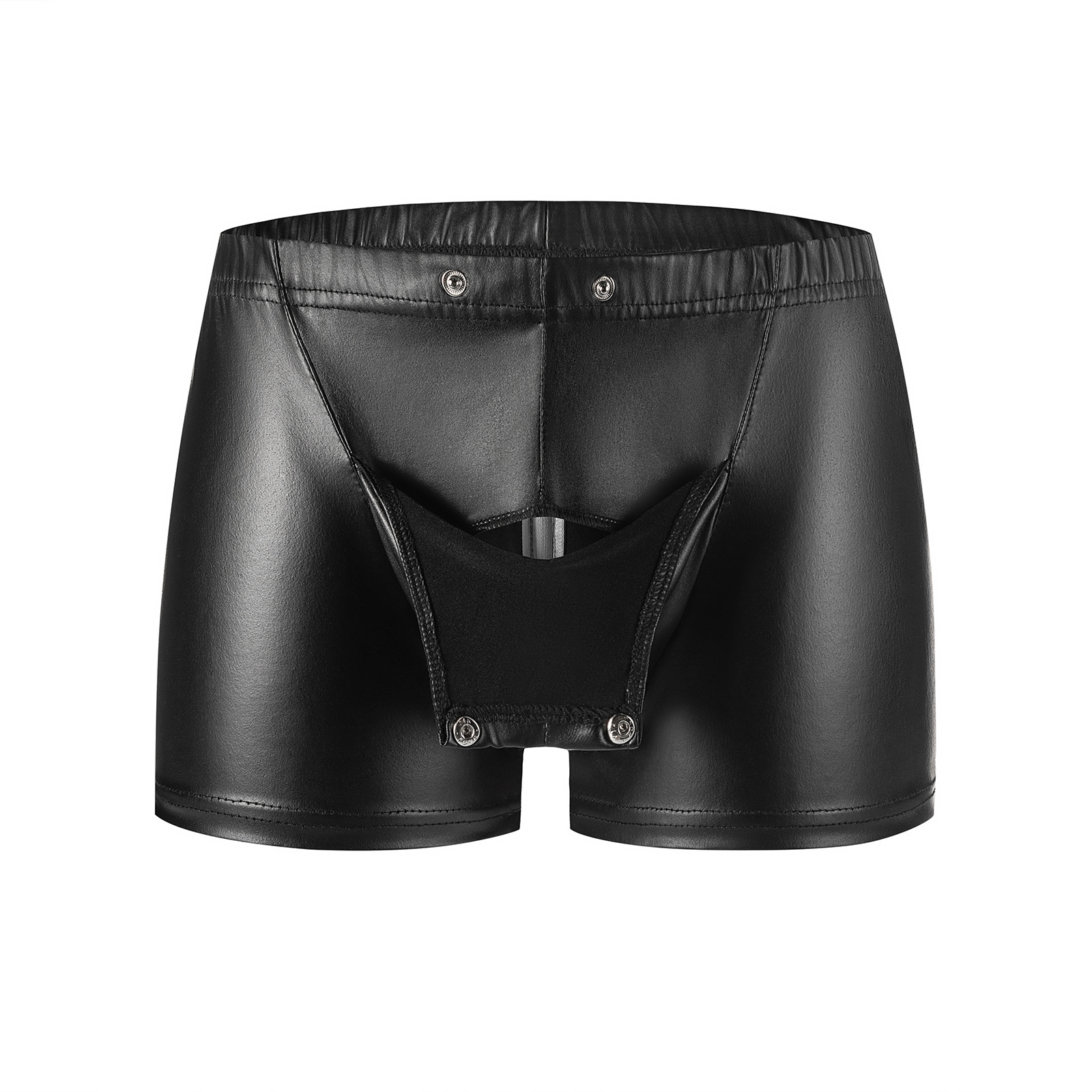 Men's Matte Faux Leather Boxer Briefs, White Zipper Open Crotch Sexy Leather Shorts - Image 2