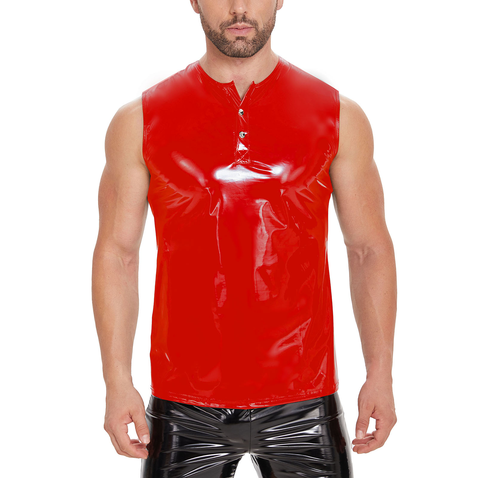 Men's Mirror Gloss PU Vest, Slim Fit Waterproof Sleeveless Shiny Top - Image 2