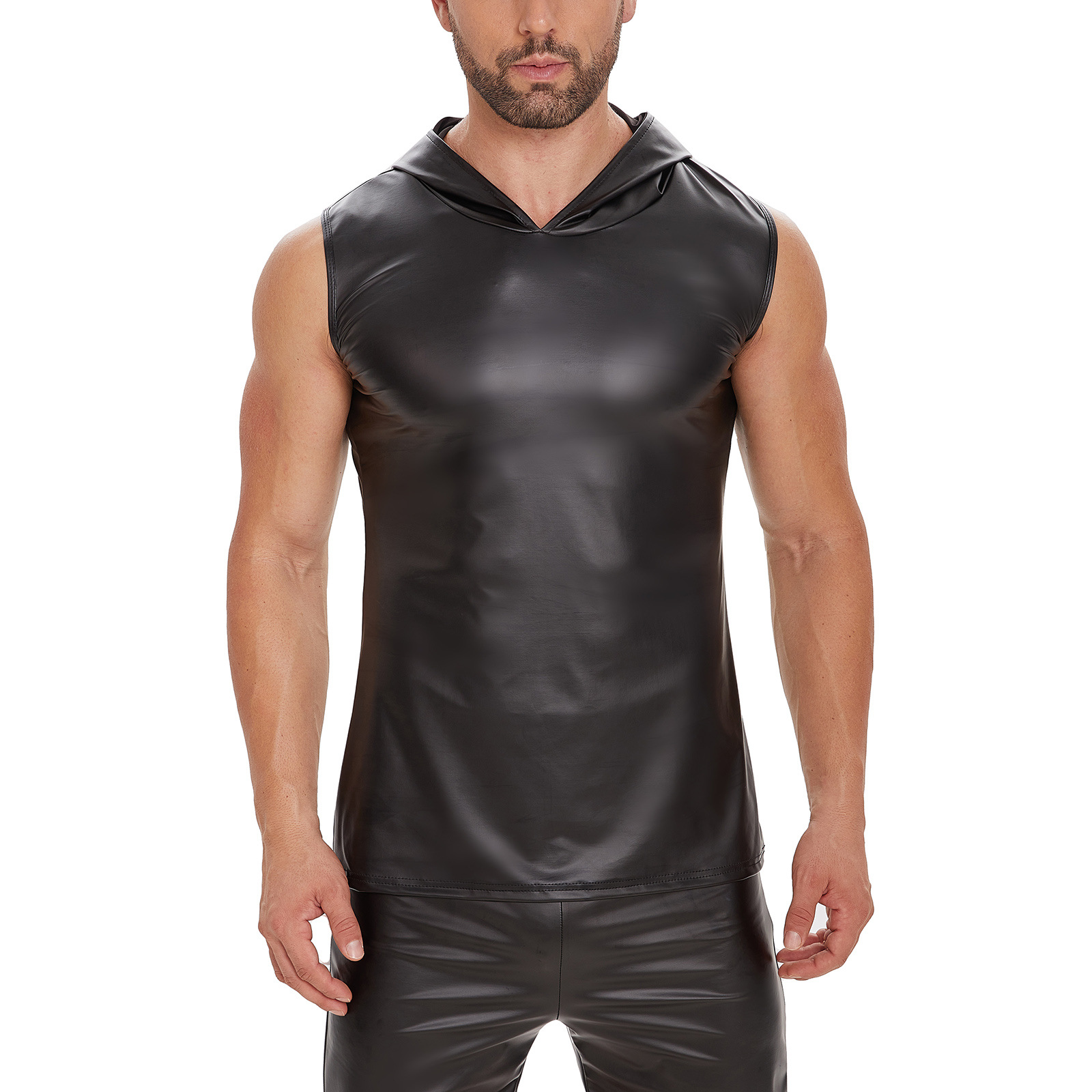 Men's Matte Faux Leather Hooded Vest, Soft Patent Sleeveless Slim Fit Tank Top