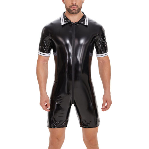 Men Wetlook PVC Short Sleeve Zip Bodysuit