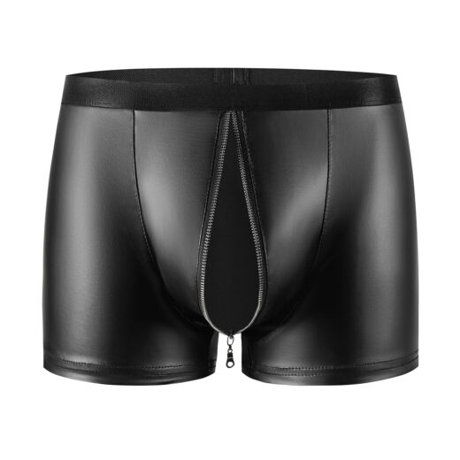 Men Matte PU Boxer Briefs with Front Zipper Open Crotch
