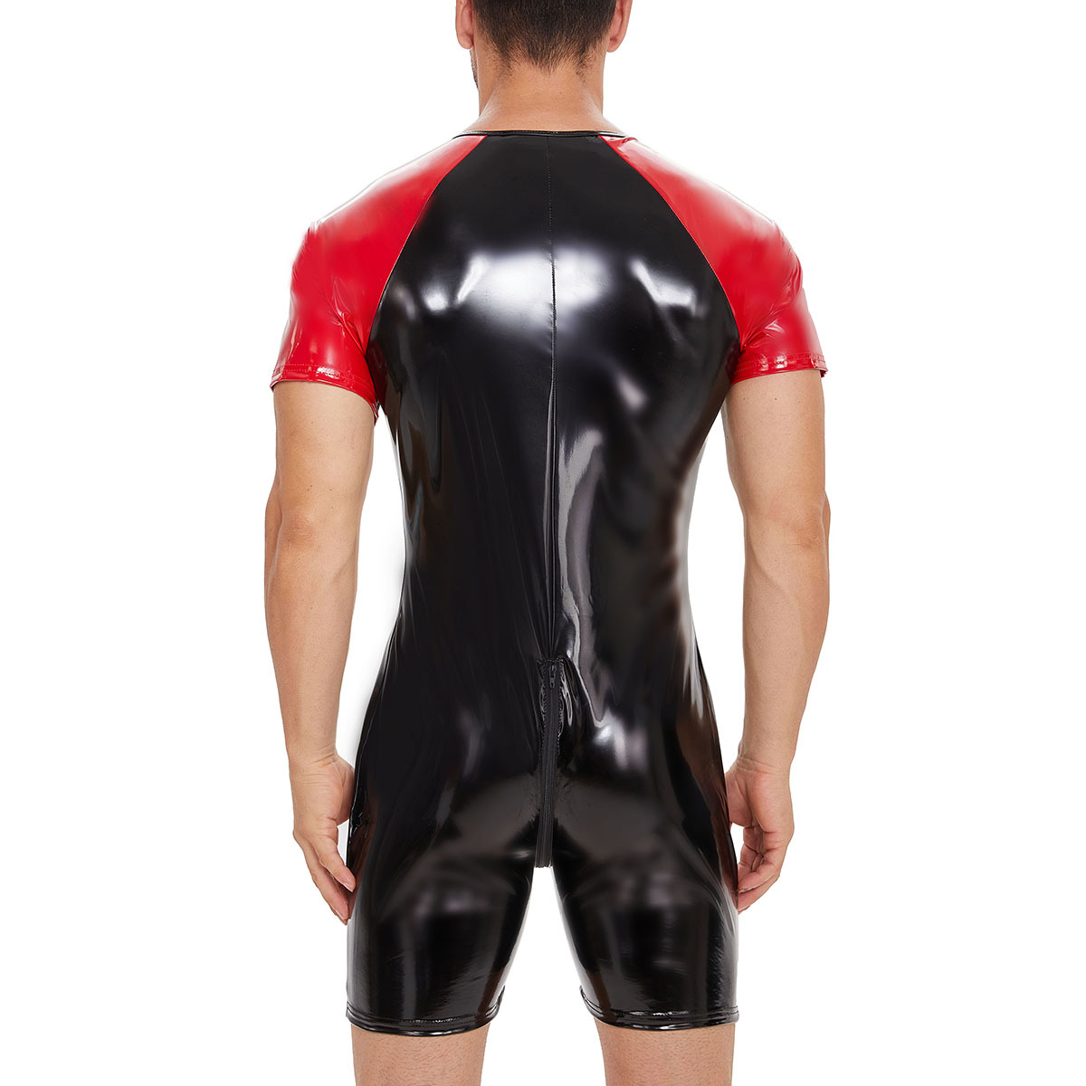 Men PVC Shiny Short Sleeve Bodysuit, Zipper Front Catsuit - Image 2