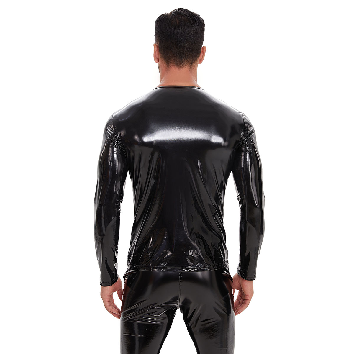 Men Shiny PVC Long Sleeve Top with Shoulder Zipper - Image 2