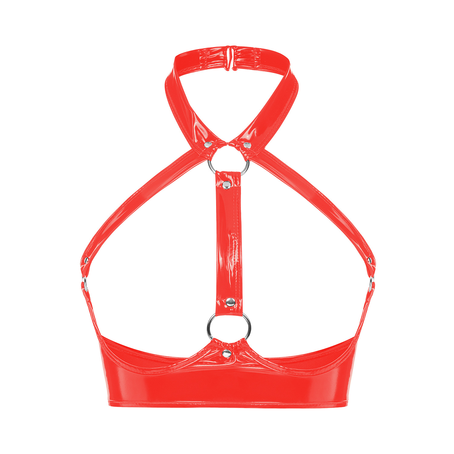 Women Wetlook PVC Cutout Bra Top with O-Ring Harness Detail - Image 4