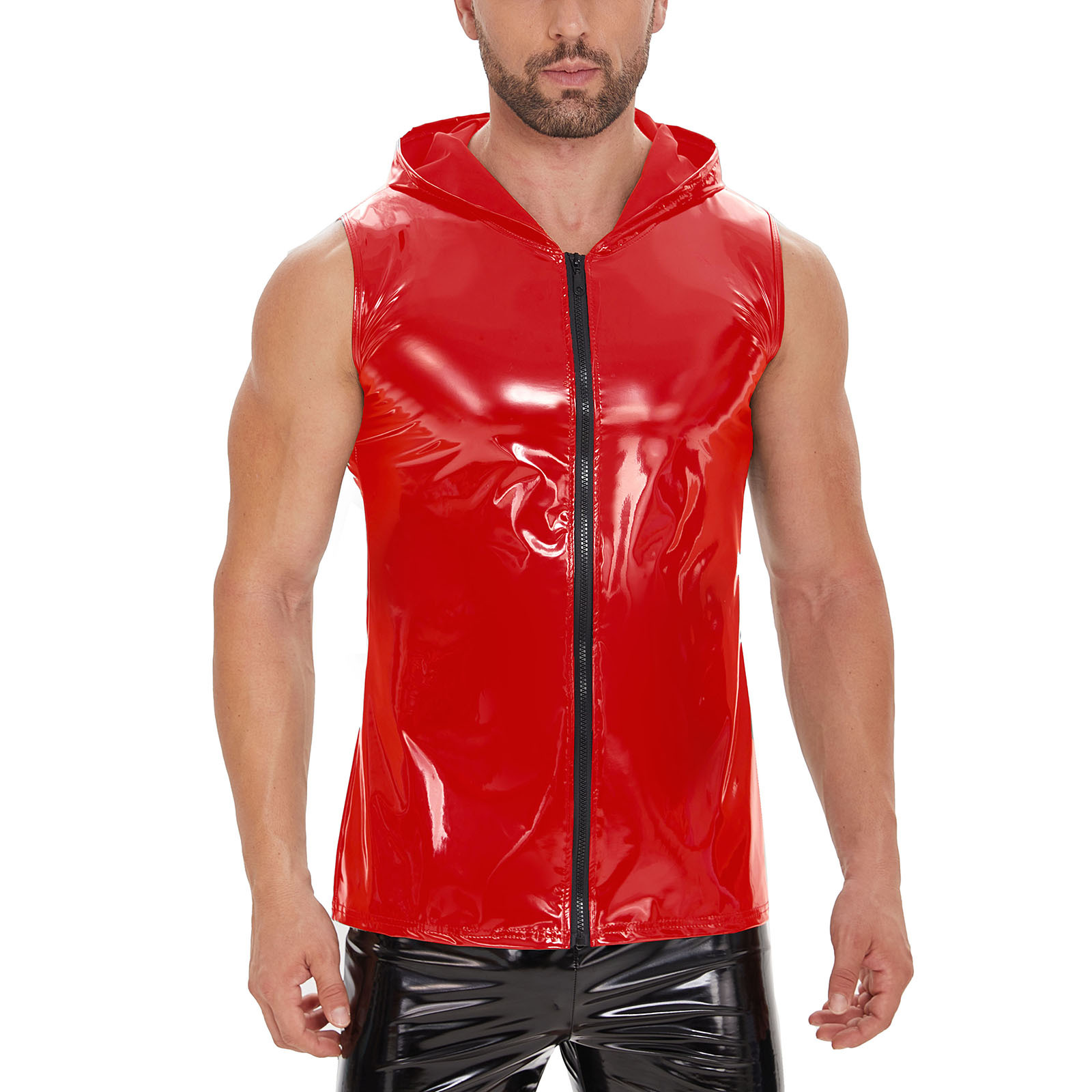 Men Shiny PU Hooded Sleeveless Vest - Image 2