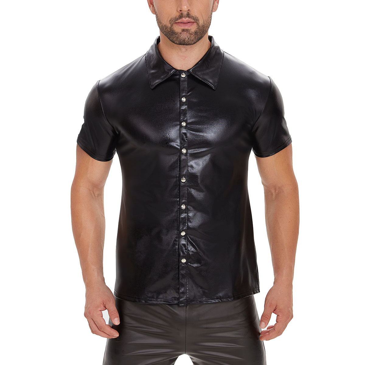 Men Shiny PVC Short Sleeve Button Shirt - Image 2
