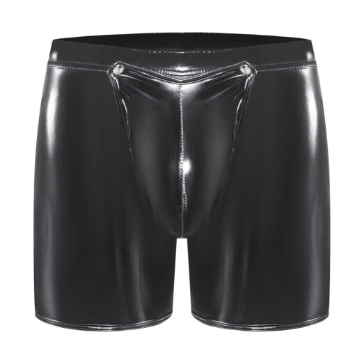 Men Shiny PVC Boxer Shorts with Snap Button Open Crotch