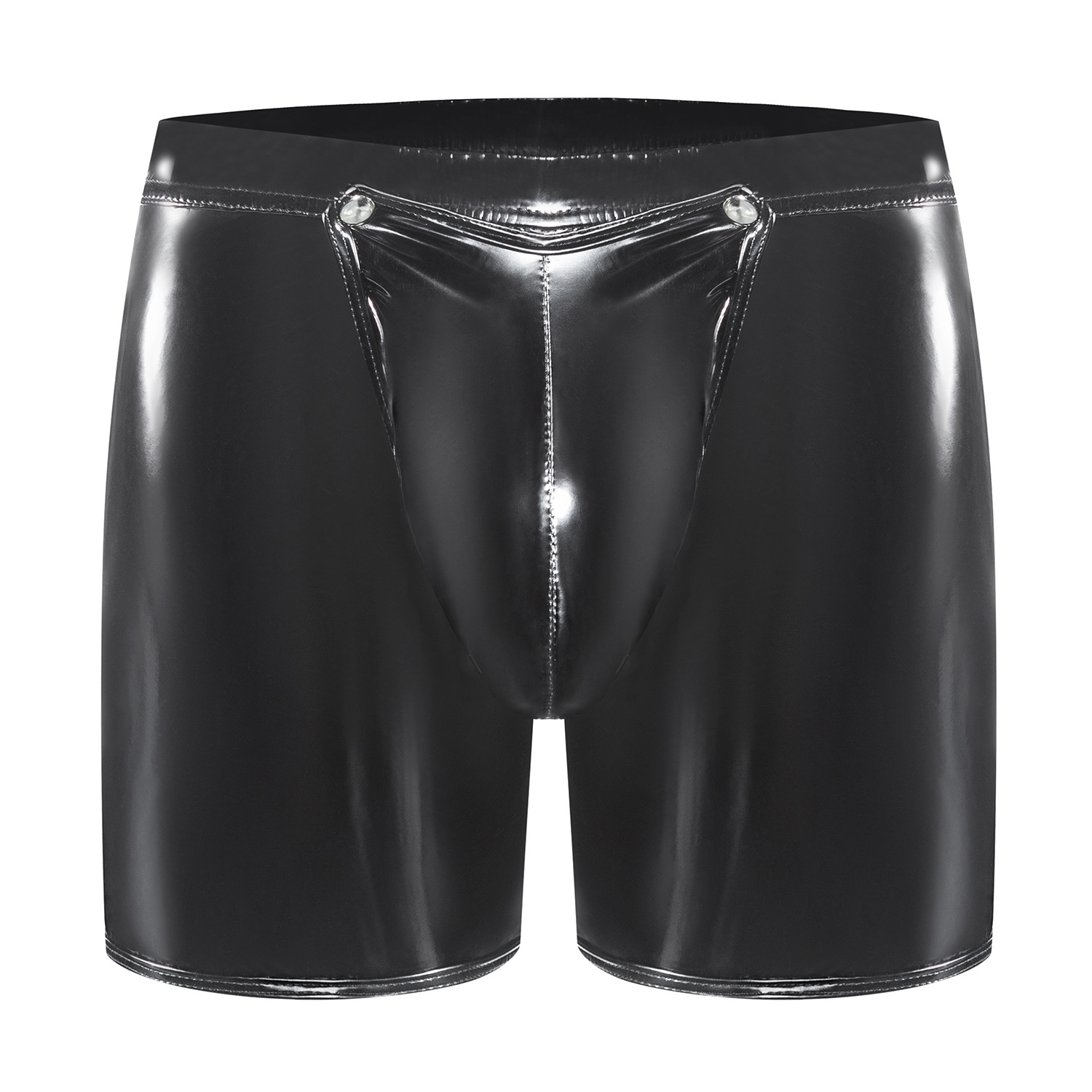 Men Shiny PVC Boxer Shorts with Snap Button Open Crotch