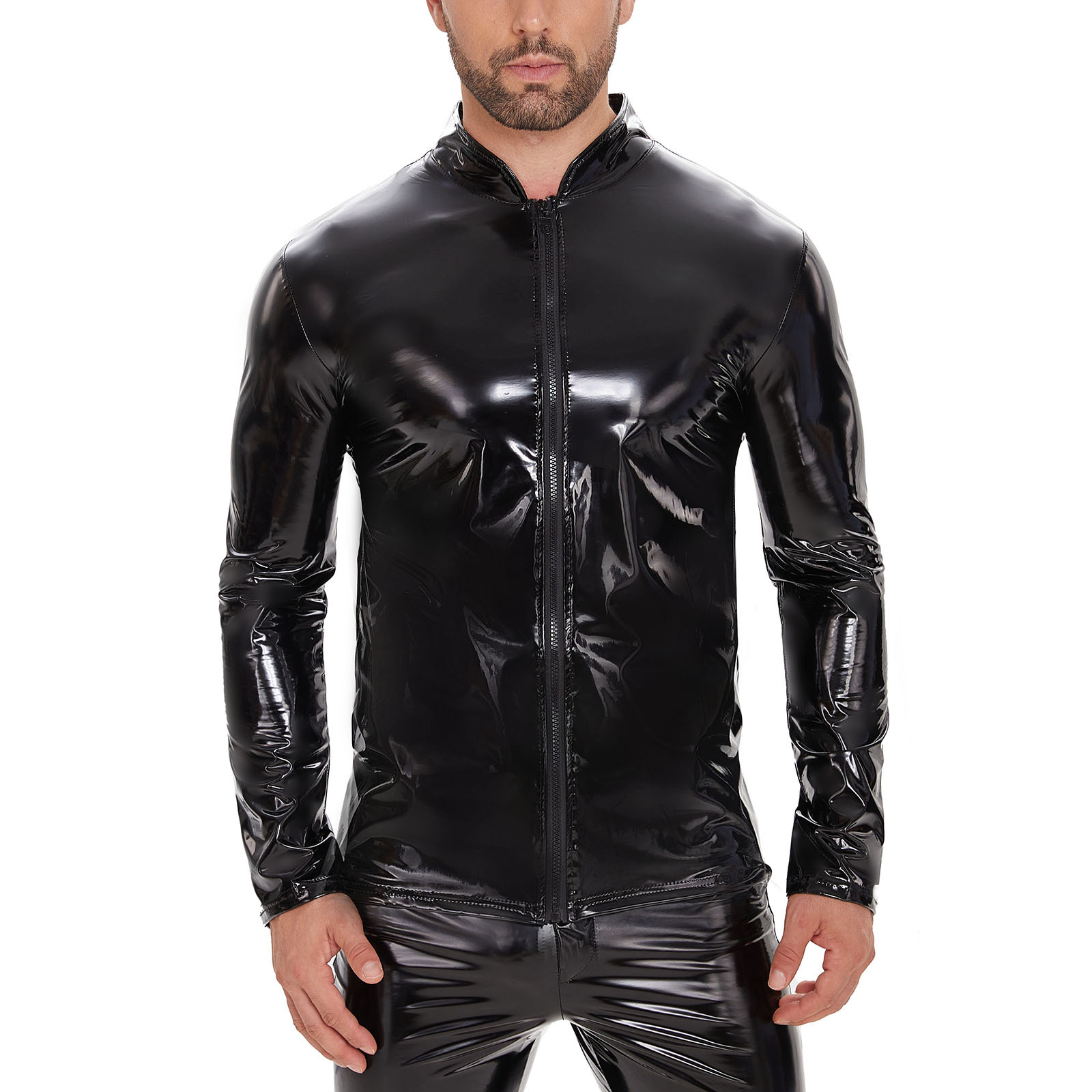 Men Shiny PU Long Sleeve Zip Stand Collar Jacket - Image 2
