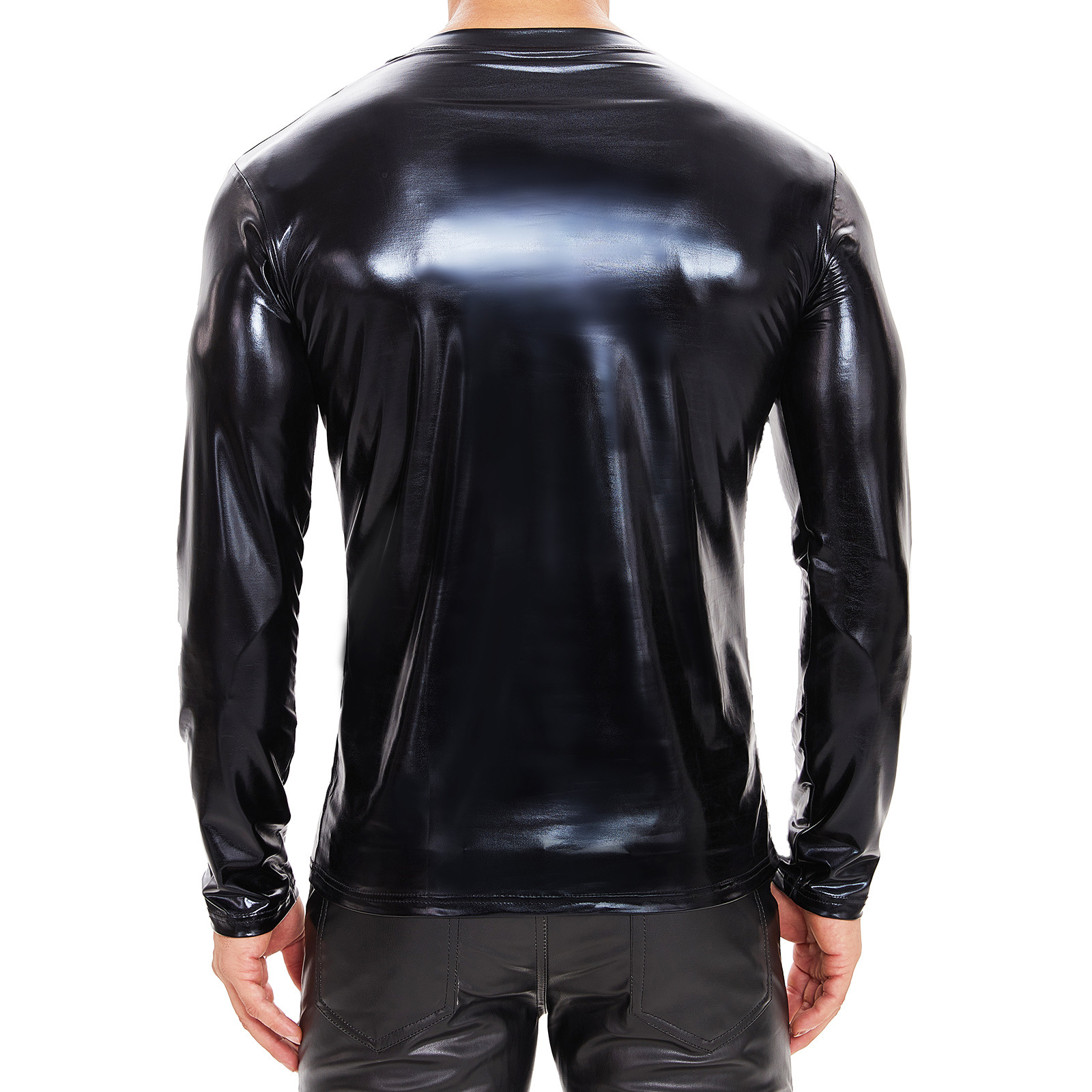 Men Shiny PU V-Neck Long Sleeve Wetlook T-Shirt - Image 2