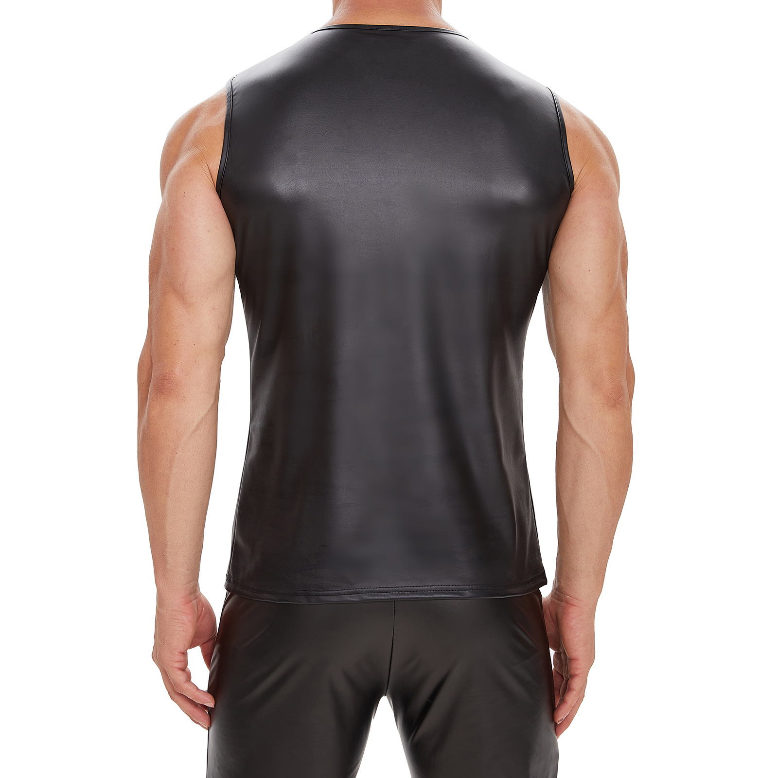 Men's Faux Leather Sleeveless Vest, Lace Up V-Neck Tank Top - Image 2