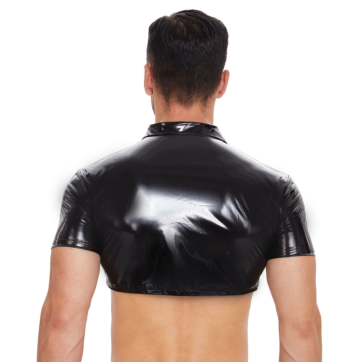 Men's Shiny PVC Cropped Shirt, Short Sleeve Turn Down Collar Top - Image 2