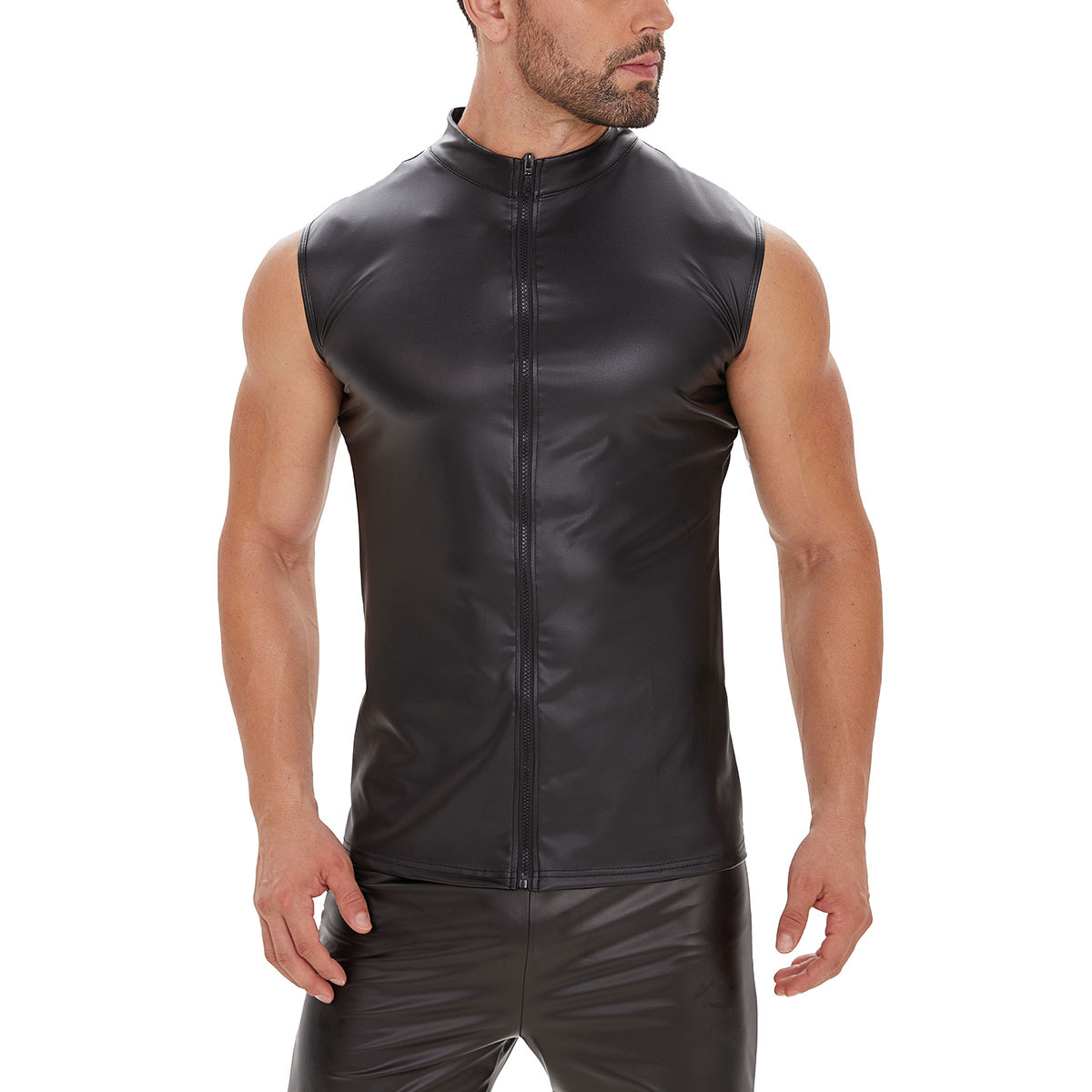 Men Matte PU Sleeveless Zip Front Vest - Image 2