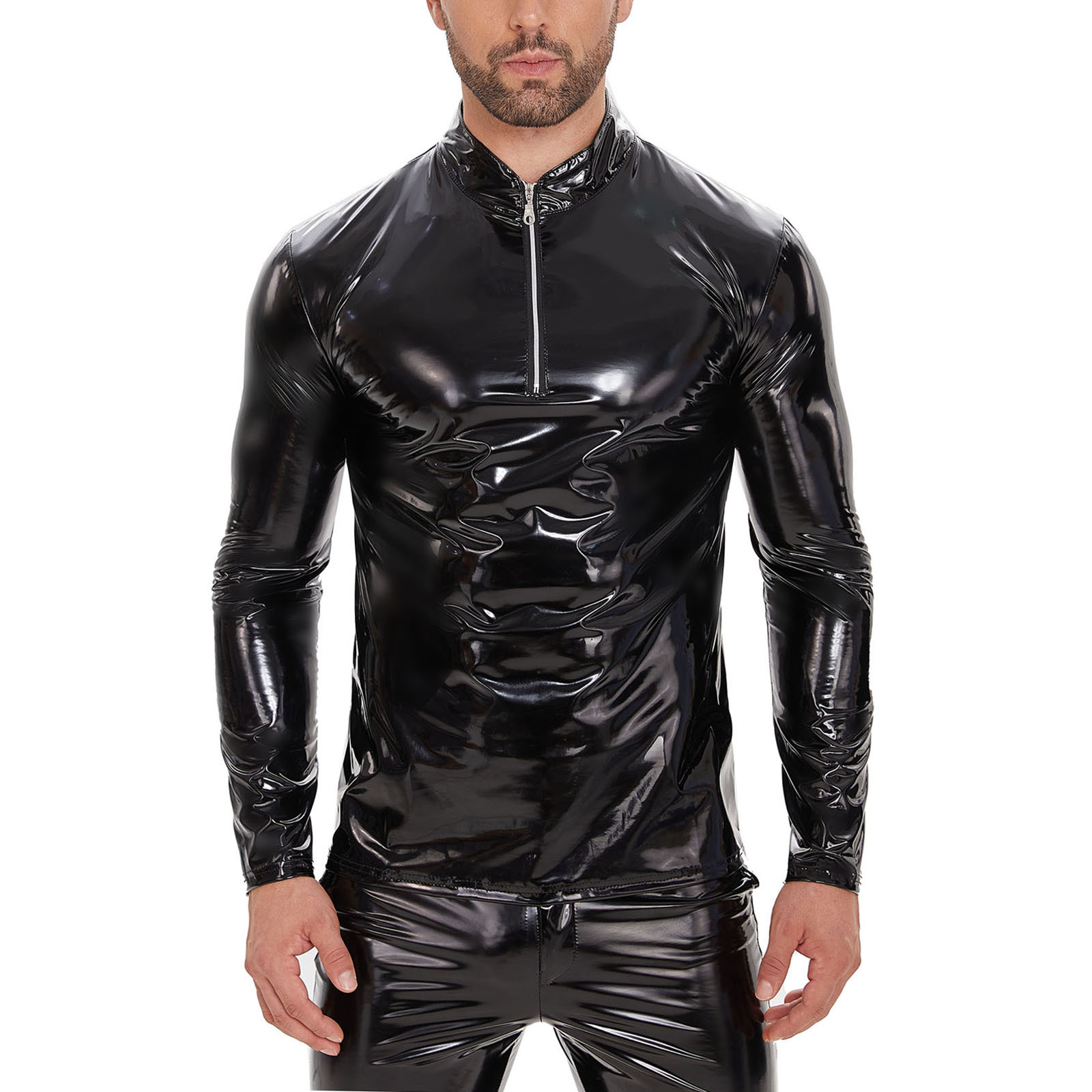 Men's Mirror Shiny PU Long Sleeve Top, Half Zip Stand Collar Shirt