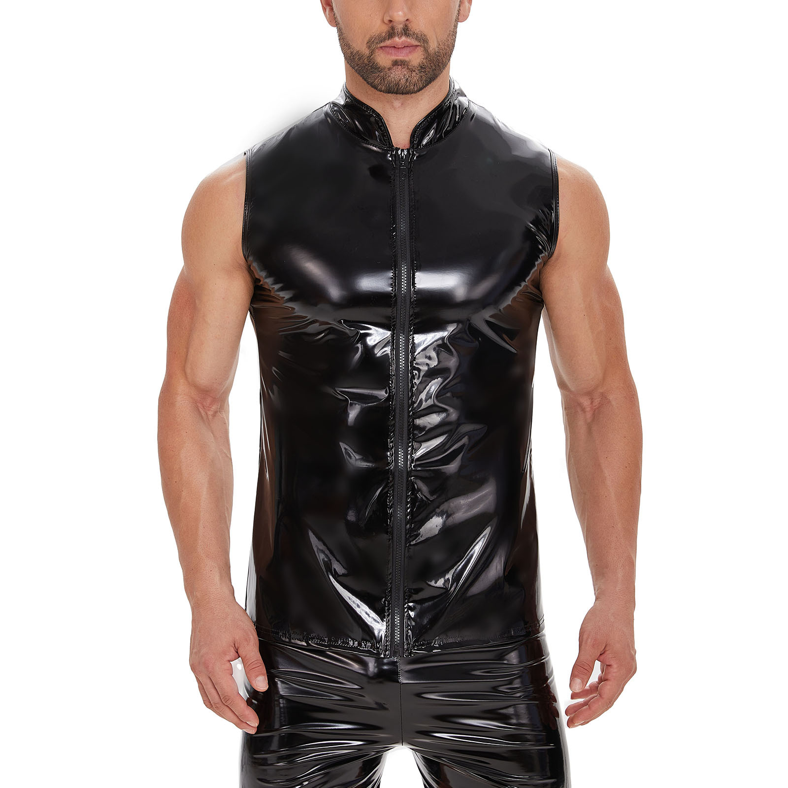 Men's Mirror Shiny PU Sleeveless Vest, Full Zip Stand Collar Waistcoat - Image 2