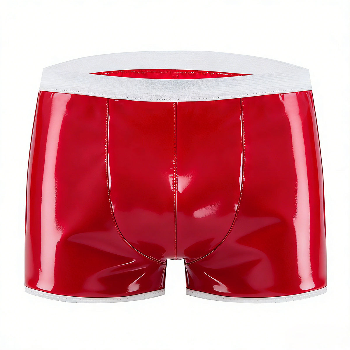 Men's Shiny PVC Boxer Shorts, Red With White Trim Wet Look Shorts - Image 2