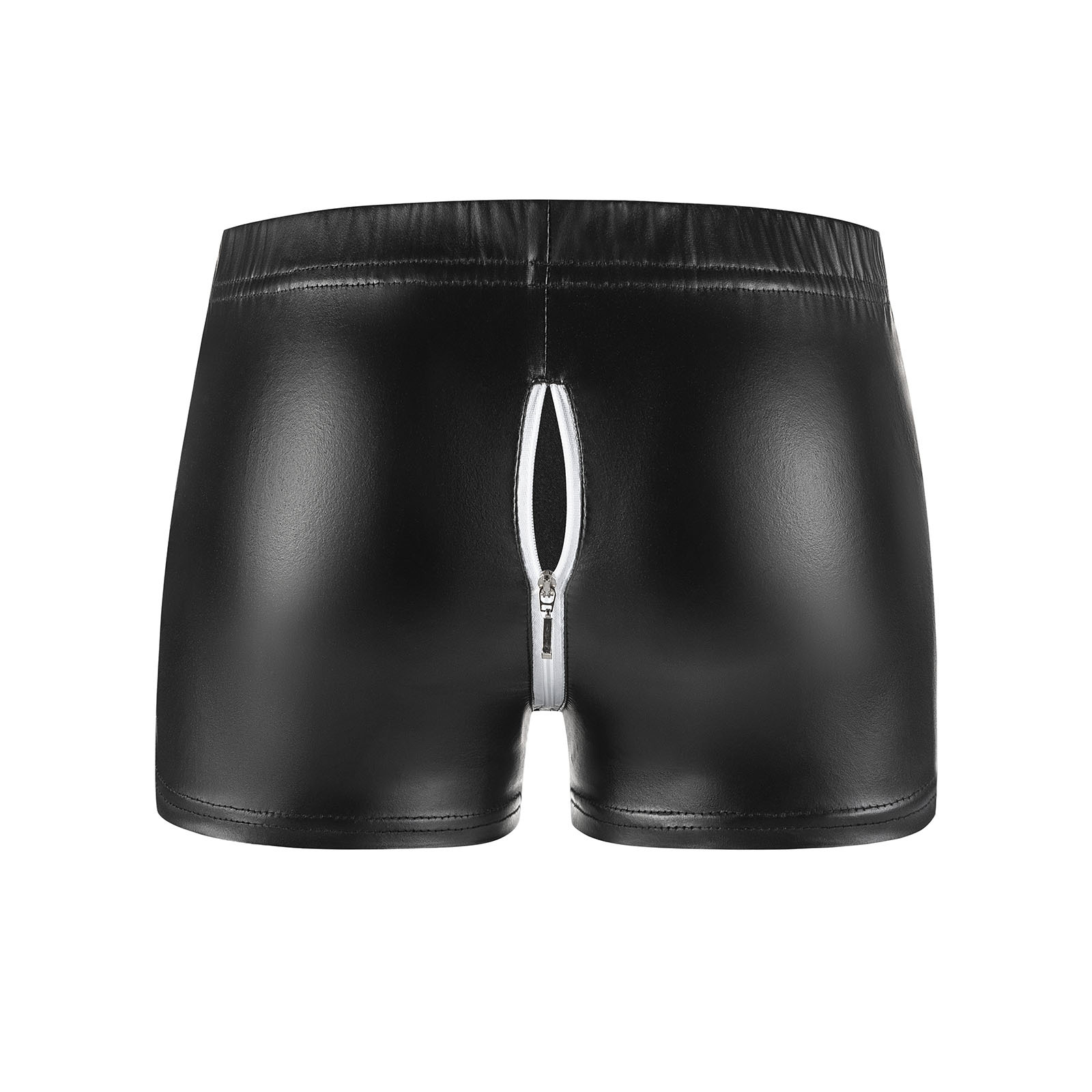Men's Matte Faux Leather Boxer Briefs, White Zipper Open Crotch Sexy Leather Shorts - Image 4