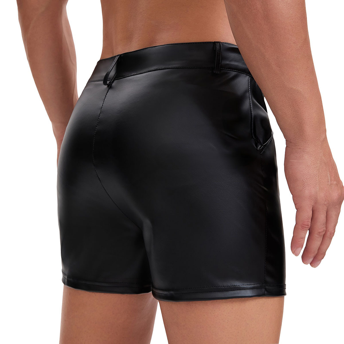 Men's Matte Faux Leather Shorts, Button Fly Casual Shorts with Pockets - Image 3