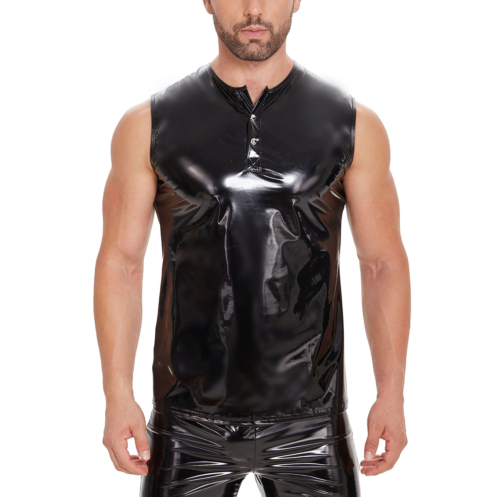 Men's Mirror Gloss PU Vest, Slim Fit Waterproof Sleeveless Shiny Top