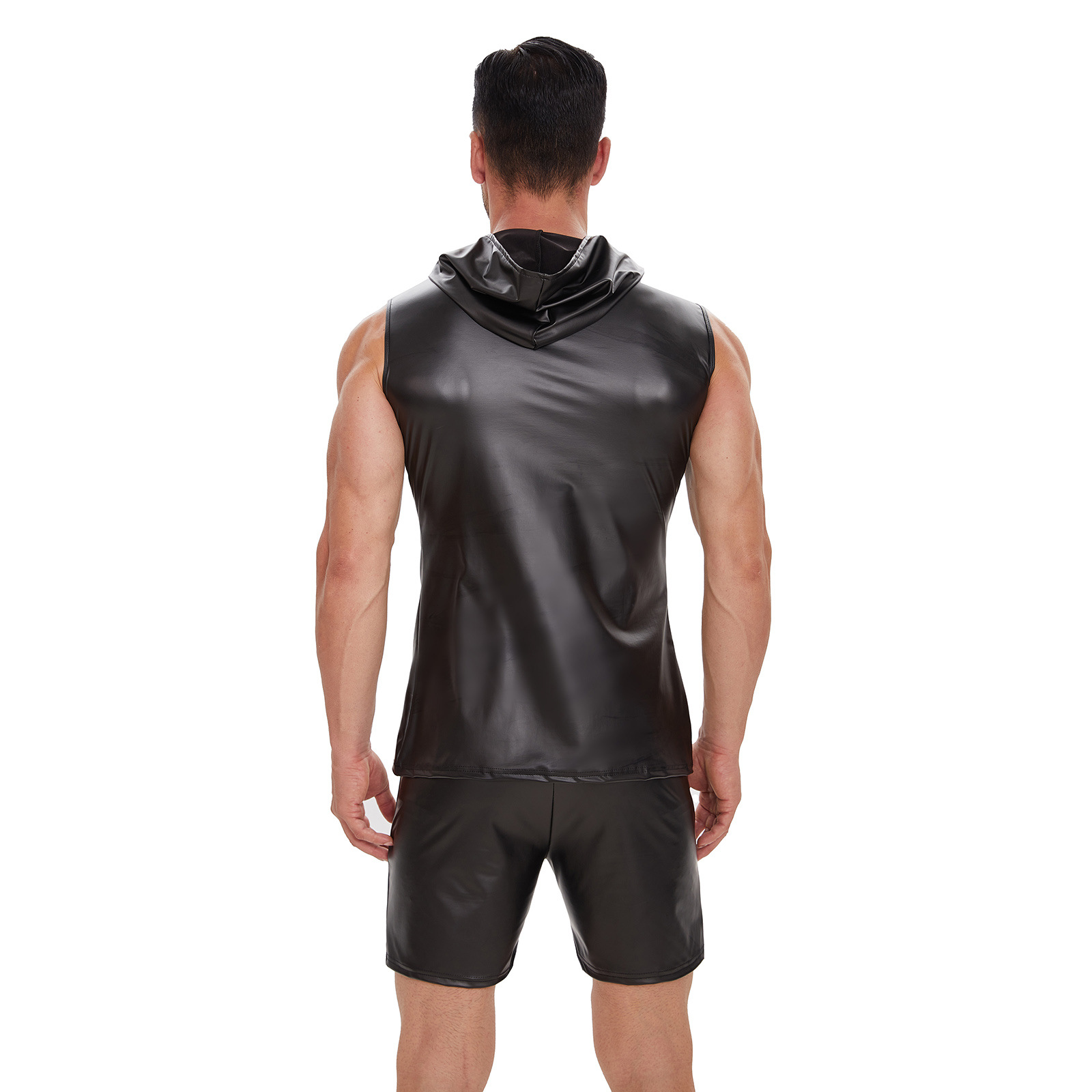 Men's Matte Faux Leather Hooded Vest, Soft Patent Sleeveless Slim Fit Tank Top - Image 2