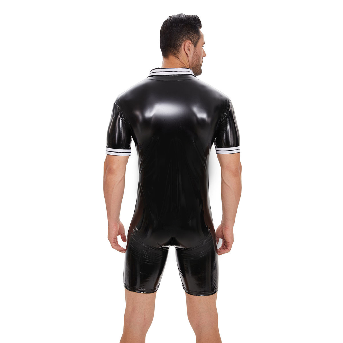 Men Wetlook PVC Short Sleeve Zip Bodysuit - Image 2