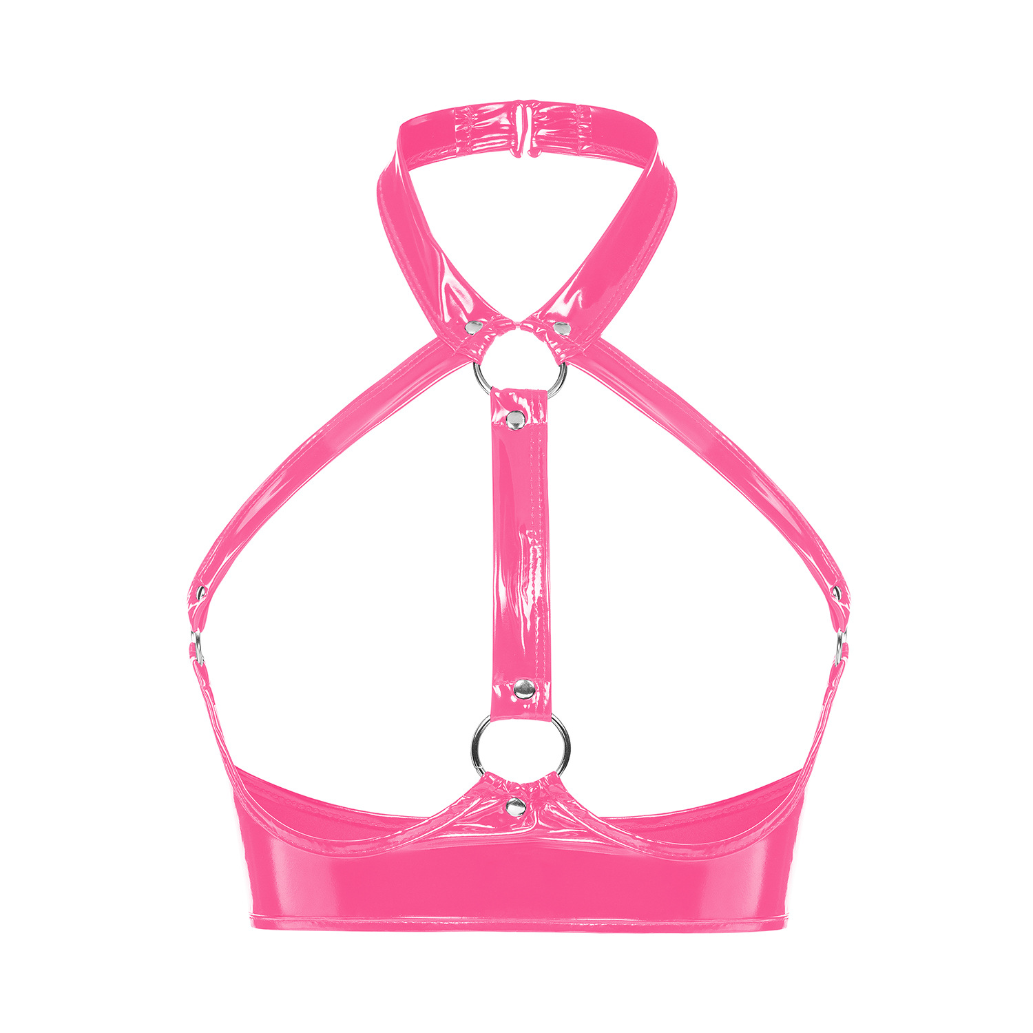 Women Wetlook PVC Cutout Bra Top with O-Ring Harness Detail - Image 3