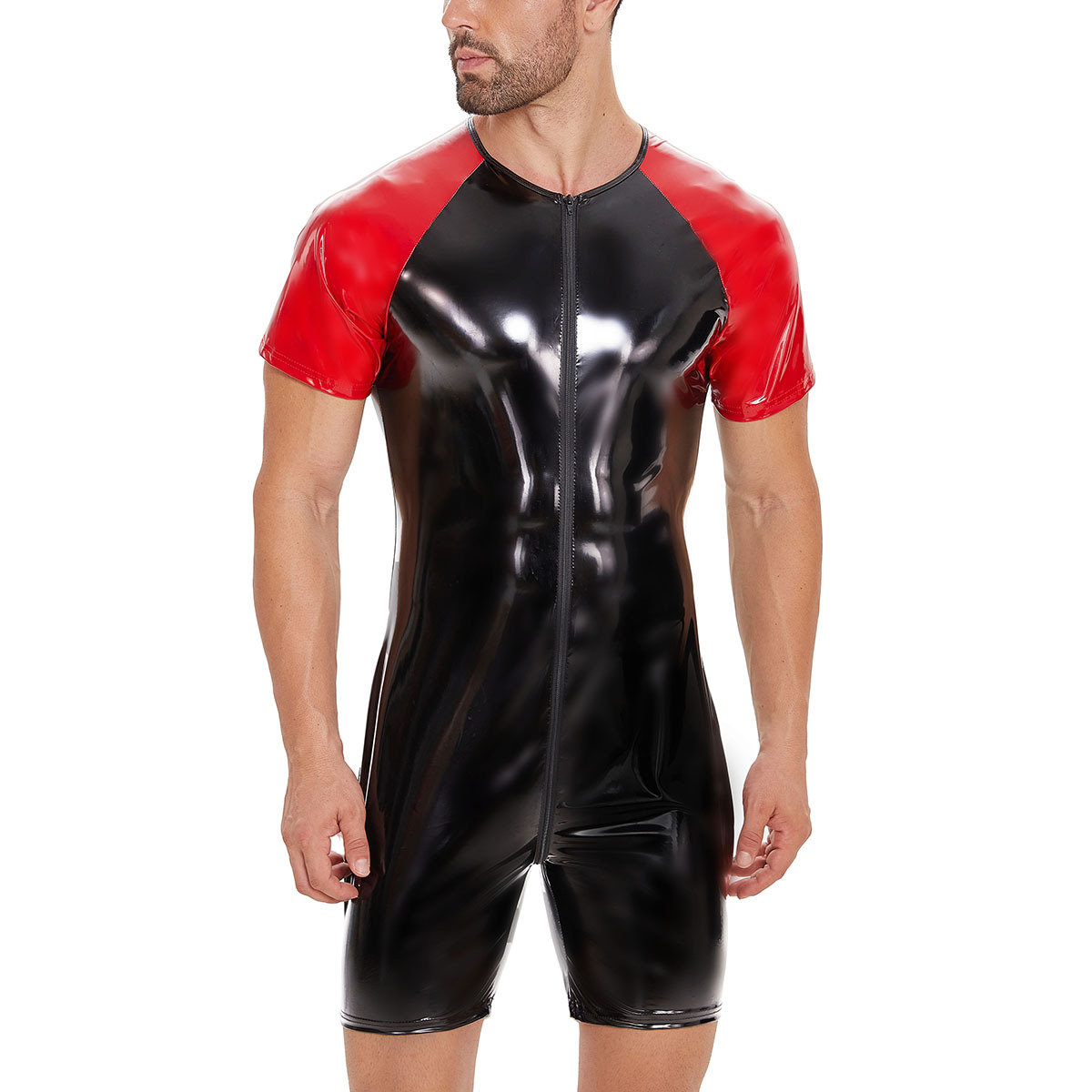 Men PVC Shiny Short Sleeve Bodysuit, Zipper Front Catsuit - Image 3