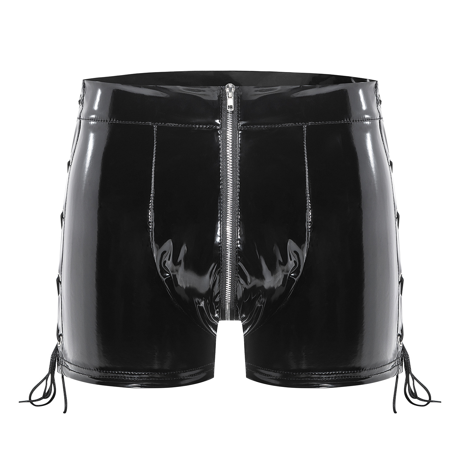 Men Shiny PVC Lace-up Side Shorts with Zipper - Image 4