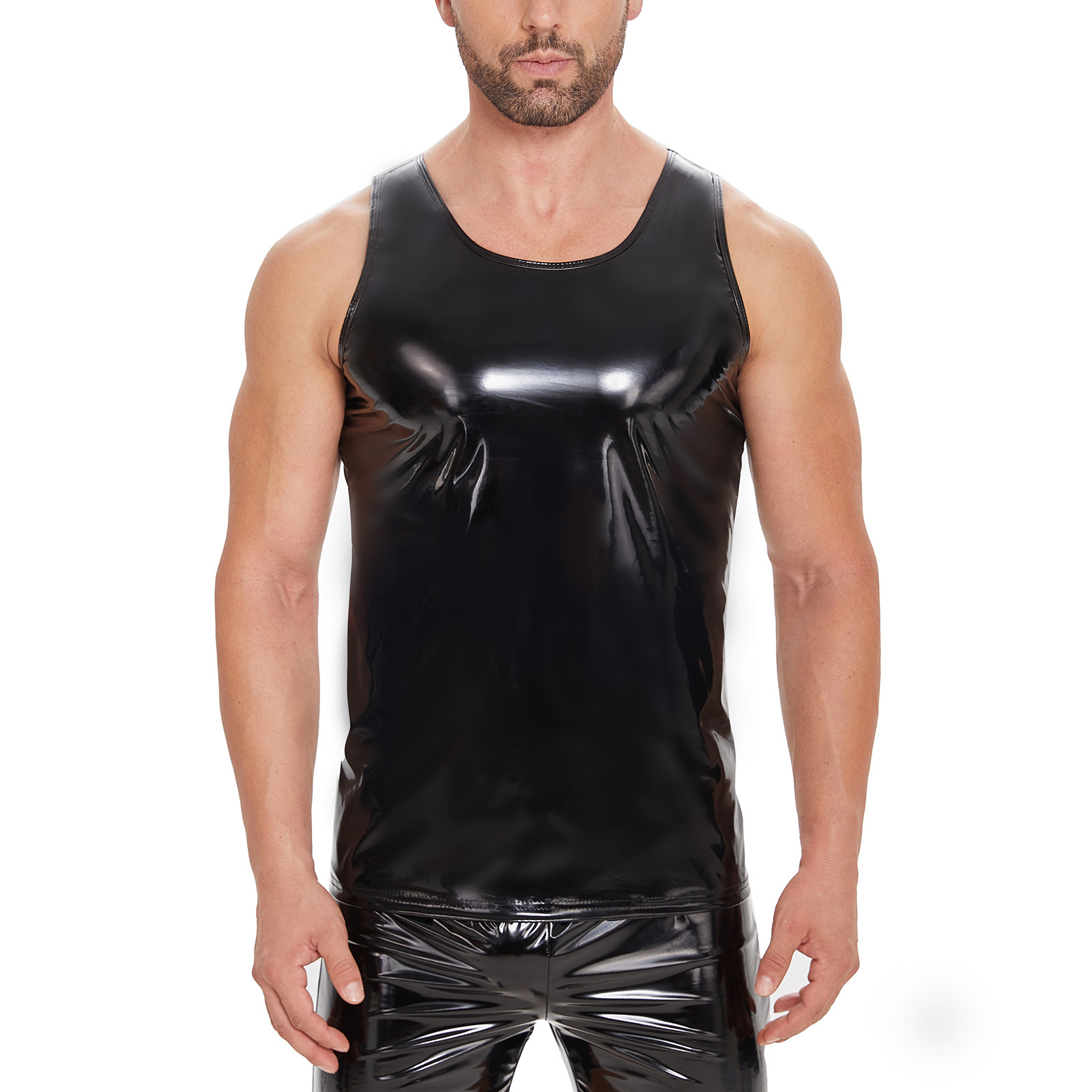 Men Shiny PVC Sleeveless Tank Top Wetlook Vest