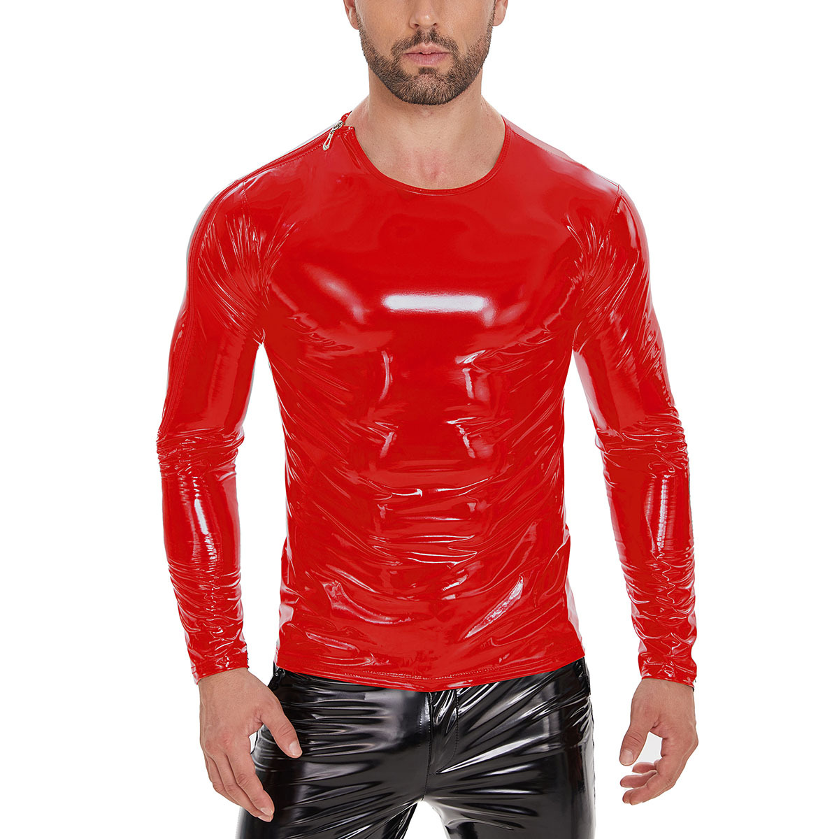 Men Shiny PVC Long Sleeve Top with Shoulder Zipper - Image 5