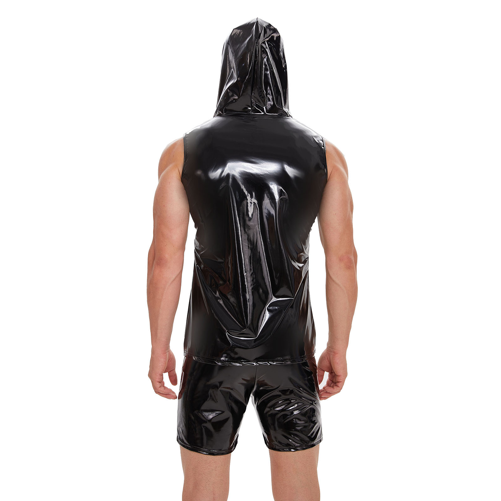 Men Shiny PU Hooded Sleeveless Vest - Image 3