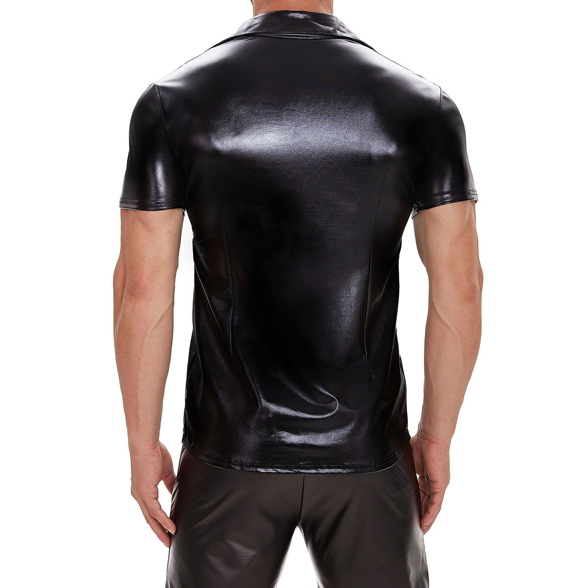 Men Shiny PVC Short Sleeve Button Shirt - Image 3