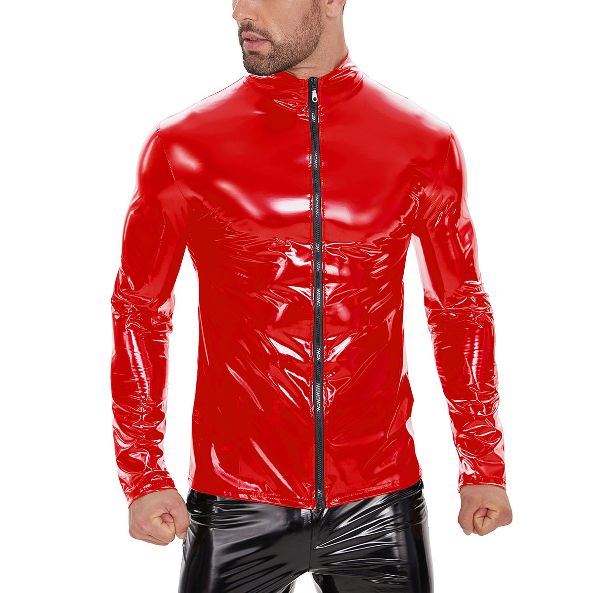 Men Wetlook PVC Long Sleeve Zip Front Top - Image 5