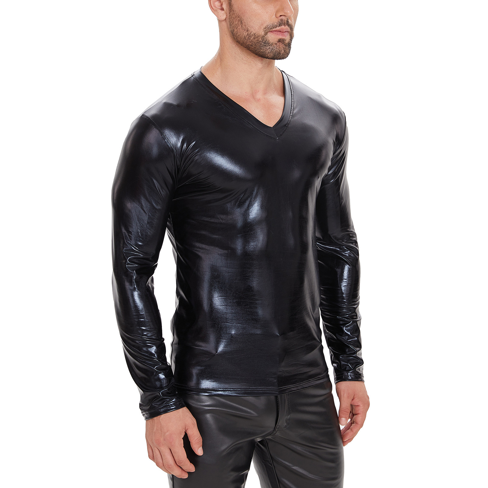 Men Shiny PU V-Neck Long Sleeve Wetlook T-Shirt - Image 3