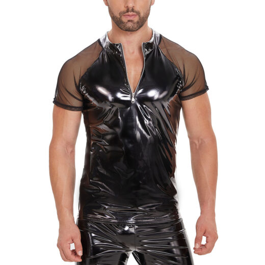 Men Shiny PVC Short Sleeve Top with Mesh Shoulders & Front Zipper