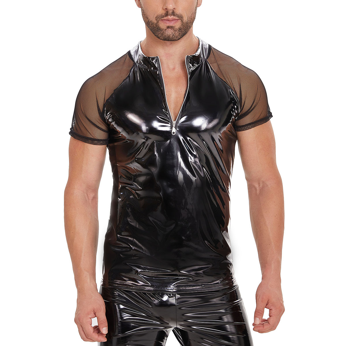 Men Shiny PVC Short Sleeve Top with Mesh Shoulders & Front Zipper
