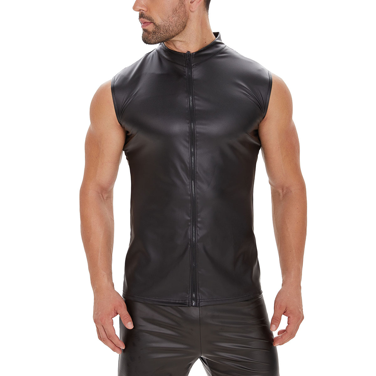 Men Matte PU Sleeveless Zip Front Vest - Image 3