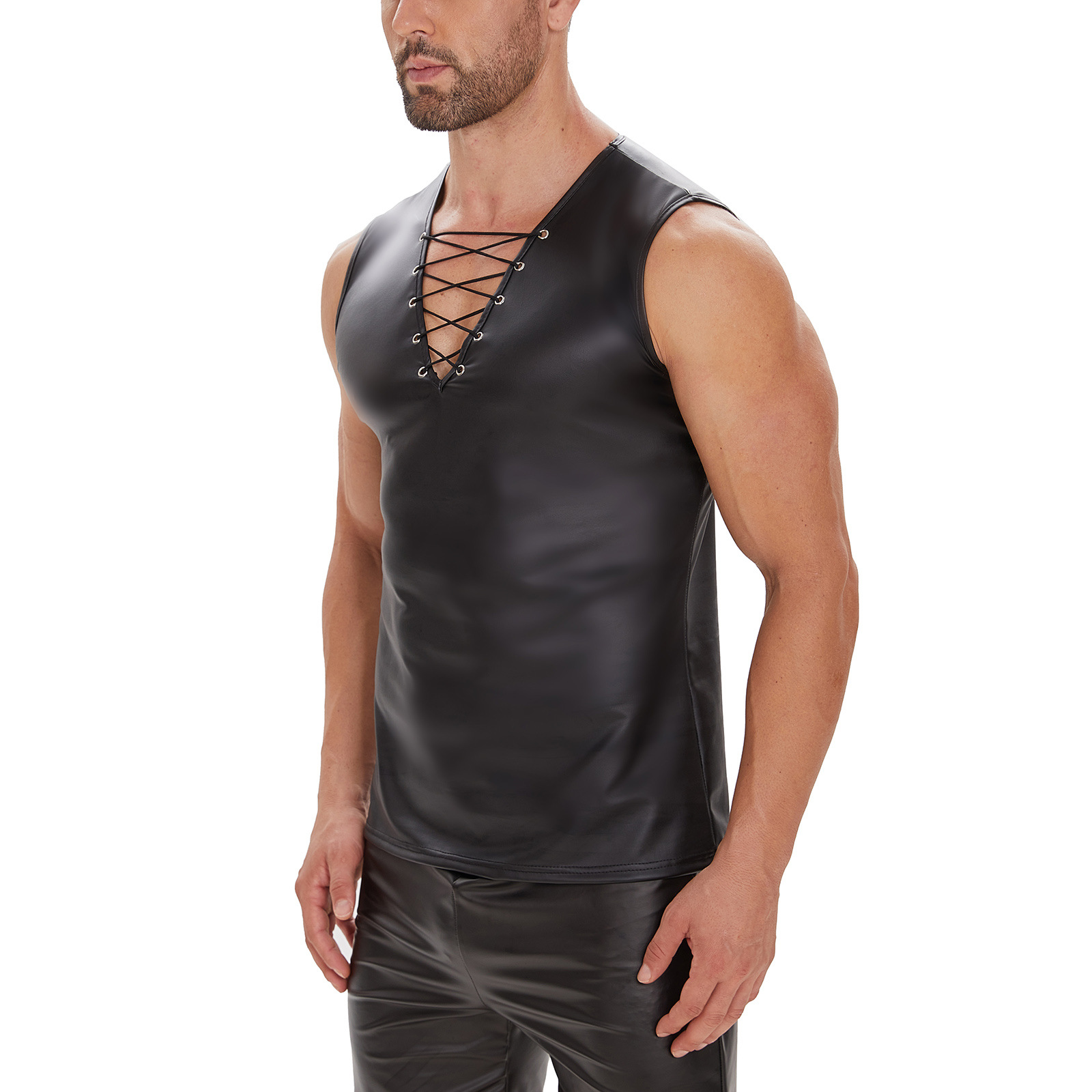 Men's Faux Leather Sleeveless Vest, Lace Up V-Neck Tank Top - Image 3