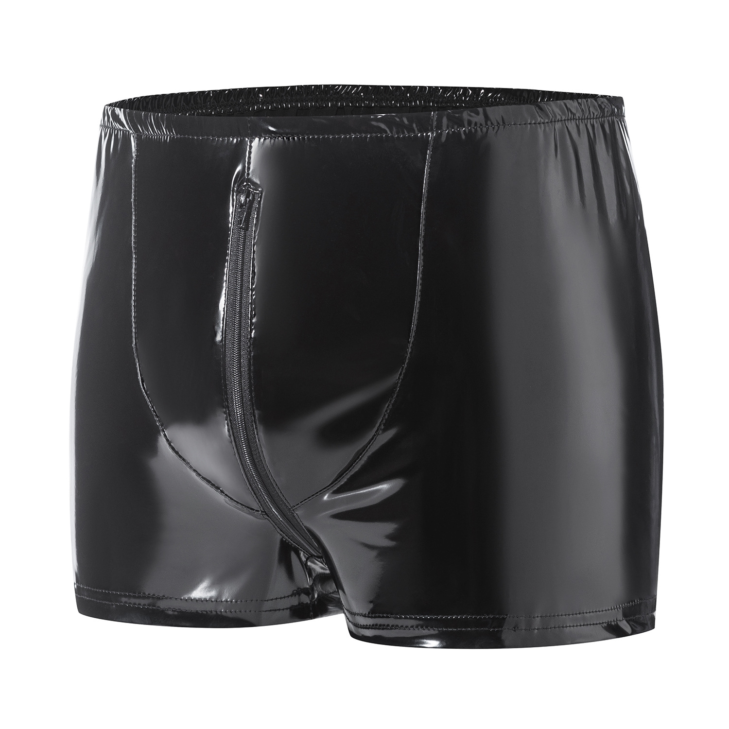 Men's Shiny PVC Boxer Shorts, Zipper Open Crotch Wet Look Shorts - Image 3