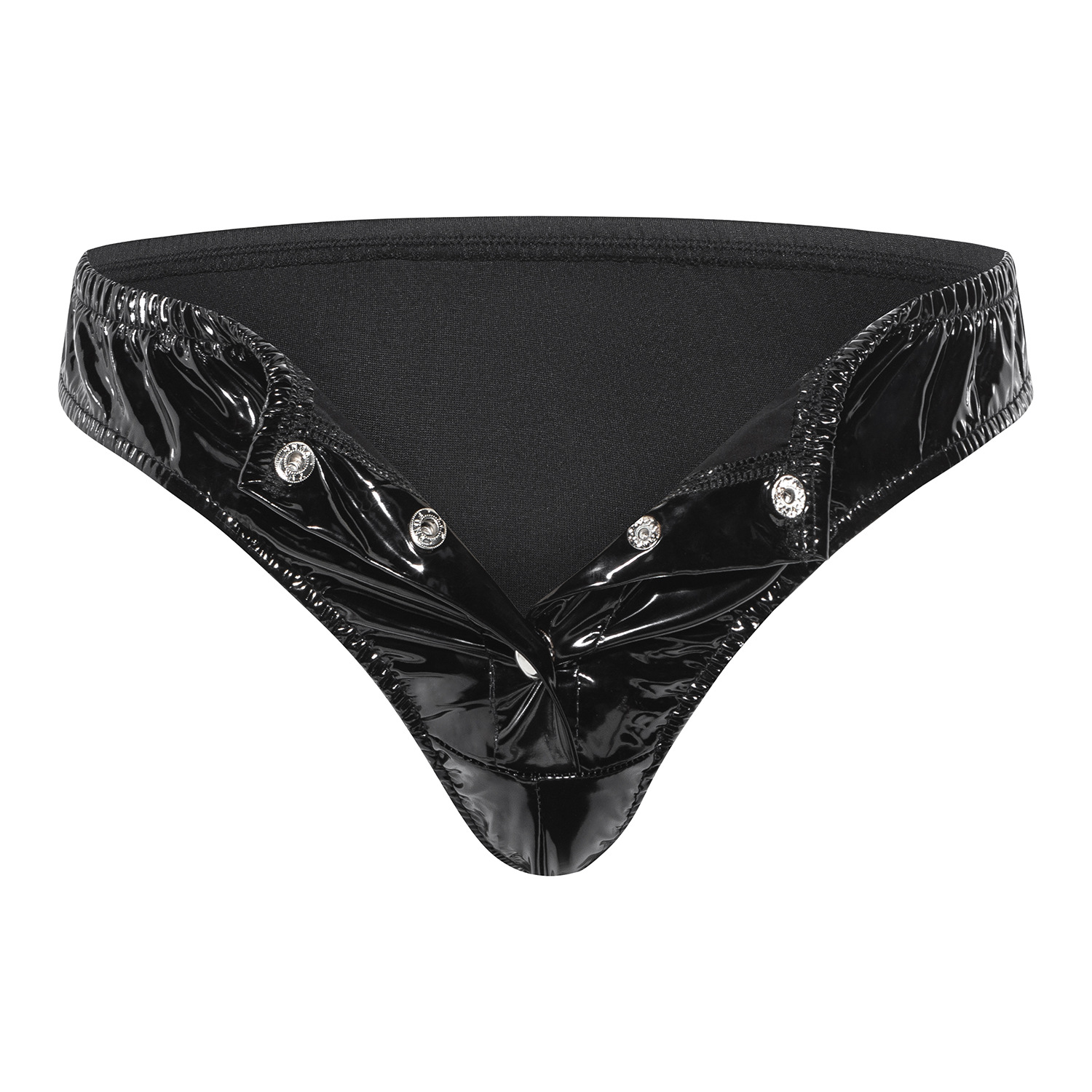 Men's Glossy Patent Leather Briefs, Snap Button Open Crotch Sexy Leather Underwear - Image 2
