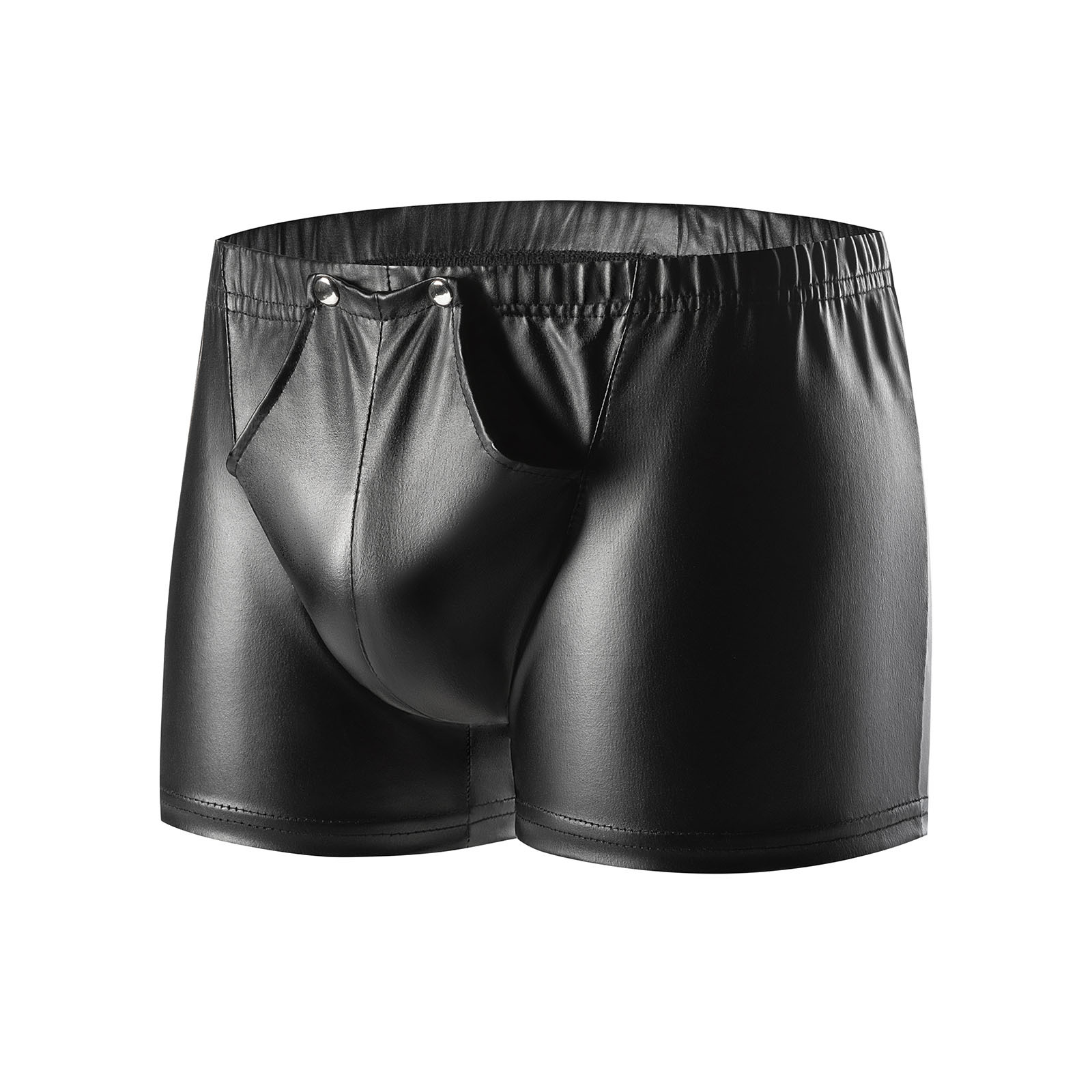 Men's Matte Faux Leather Boxer Briefs, White Zipper Open Crotch Sexy Leather Shorts